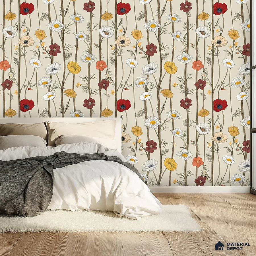 Eclectic bedroom with floral wallpaper and light oak wooden flooring in Bengaluru