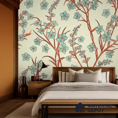 Eclectic bedroom with floral wallpaper, natural wood bed, and warm beige palette in Bengaluru