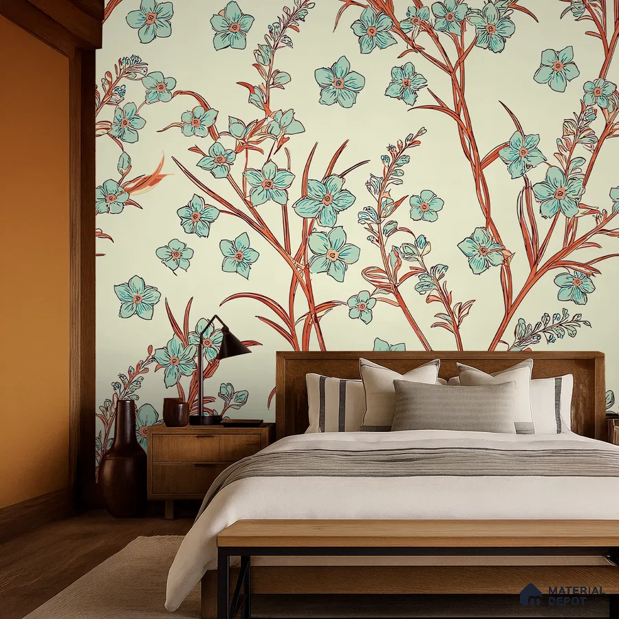 Eclectic bedroom with floral wallpaper, natural wood bed, and warm beige palette in Bengaluru