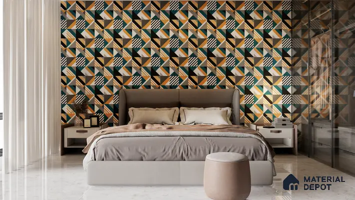 Eclectic Bedroom with Geometric Pattern Accent Wall in Bold Colors | Material Depot