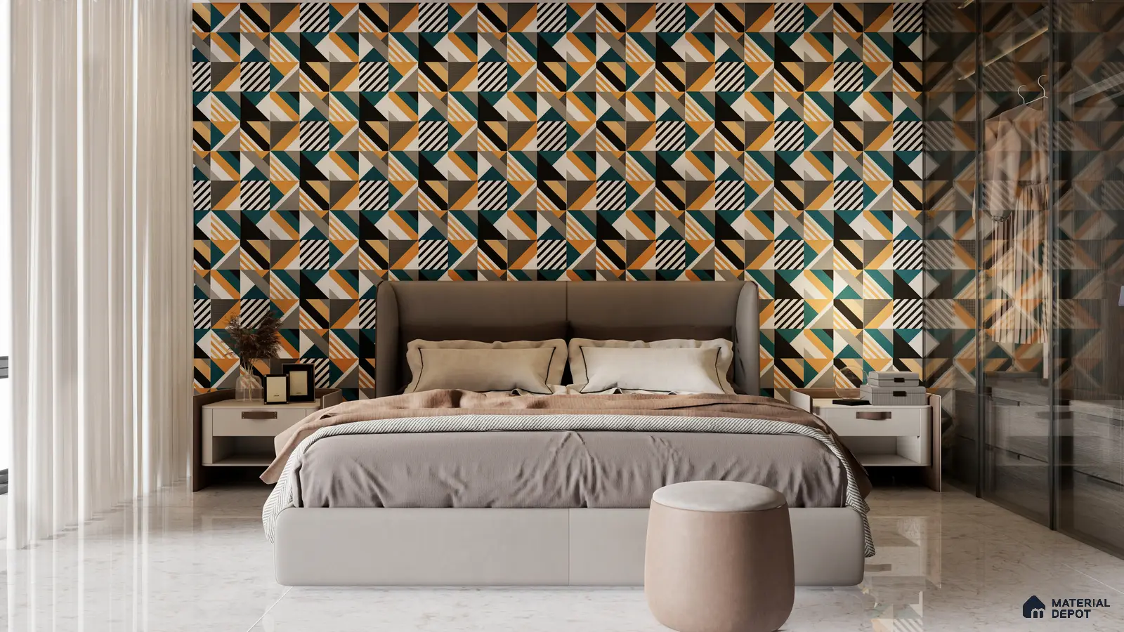 Eclectic Bedroom with Geometric Pattern Accent Wall in Bold Colors | Material Depot
