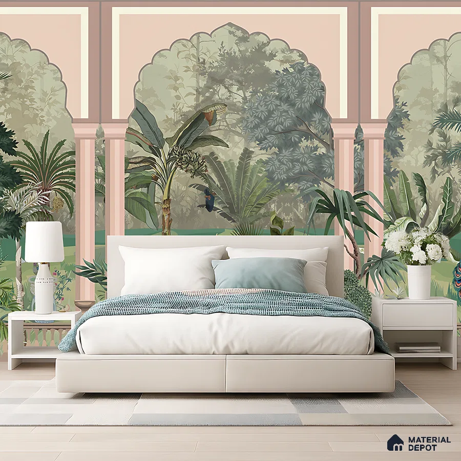 Eclectic bedroom with Indian arch tropical wallpaper and ivory upholstered bed in Bengaluru
