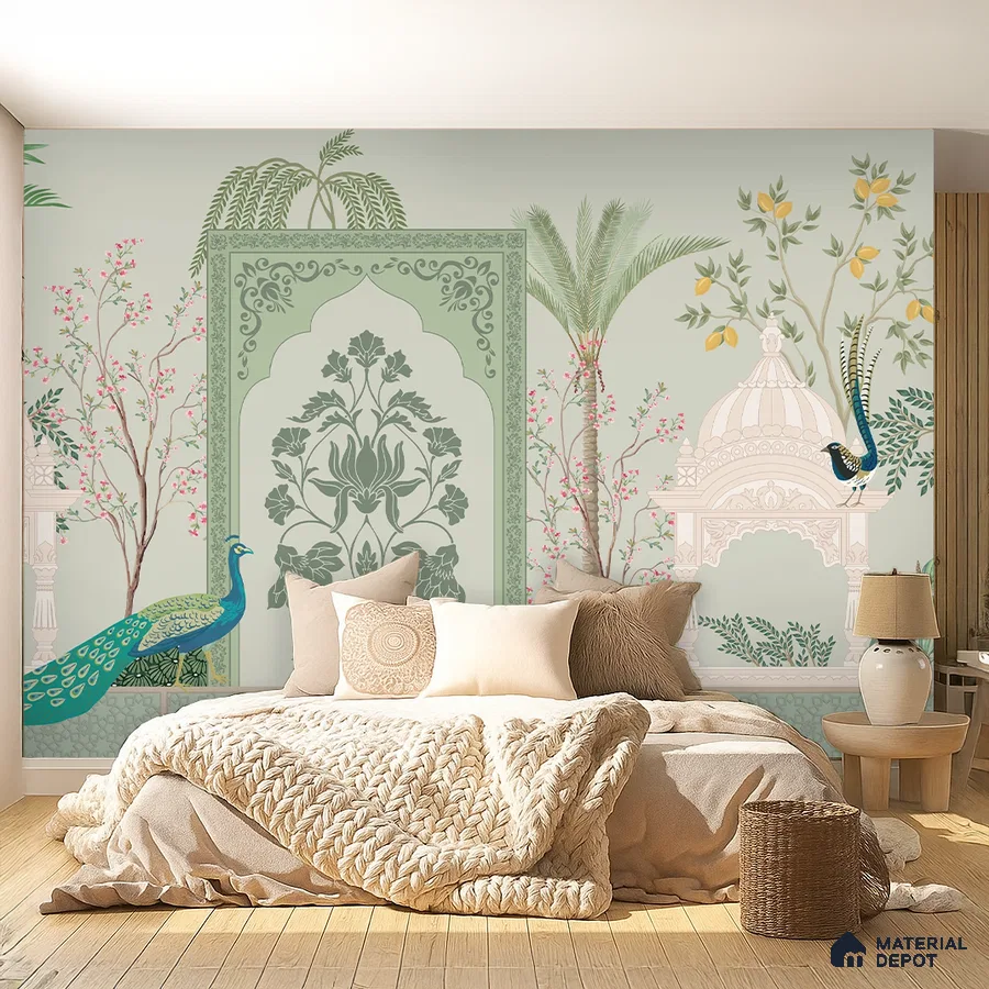 Eclectic bedroom with Indian chinoiserie wallpaper, natural wood flooring, and neutral bedding in Bengaluru