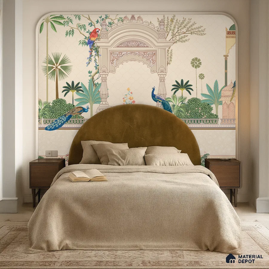 Eclectic bedroom with Indian chinoiserie wallpaper, velvet upholstered bed, and warm neutral palette in Bengaluru
