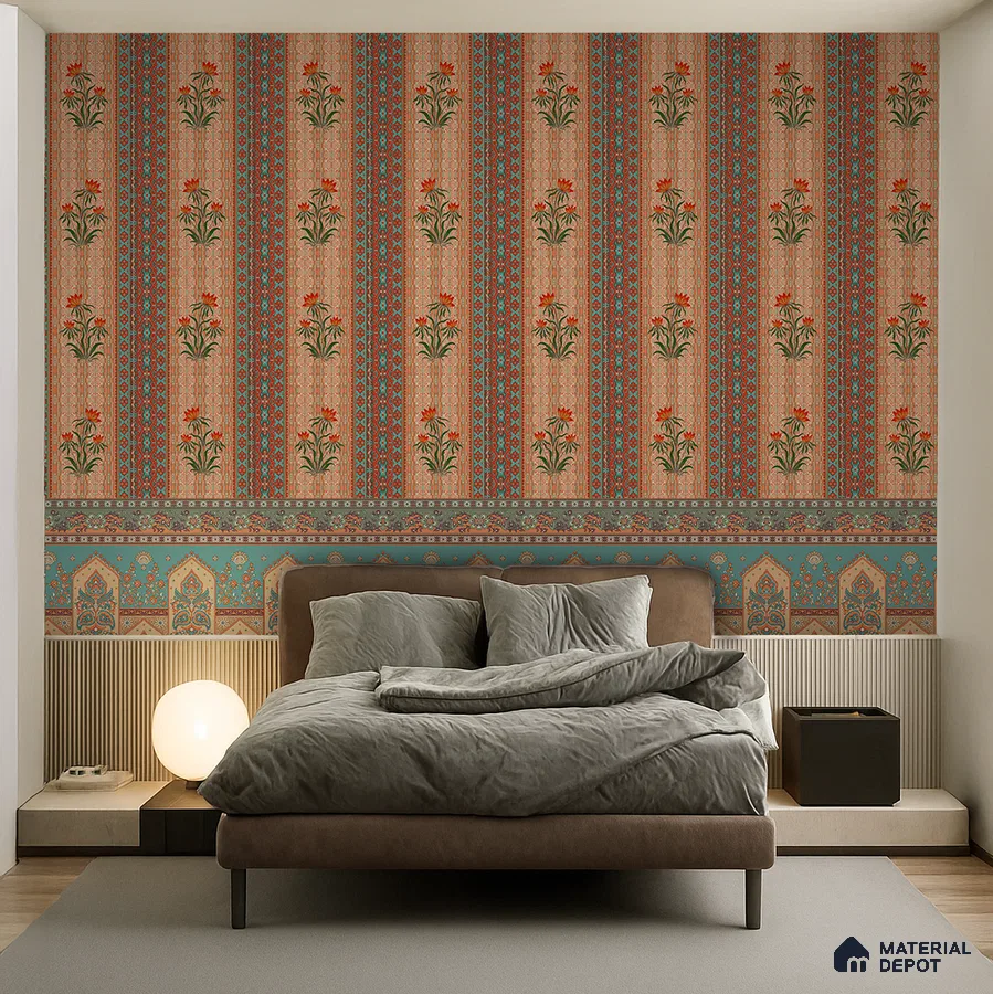 Eclectic bedroom with Indian floral patterned wallpaper and suede upholstered bed in Bengaluru