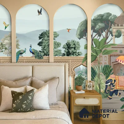 Eclectic bedroom with Indian mural wallpaper and beige upholstered bed in Bengaluru