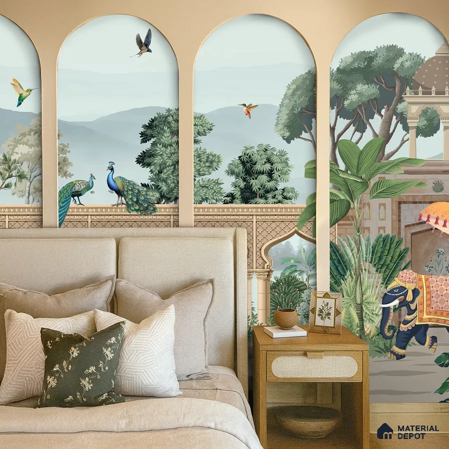 Eclectic bedroom with Indian mural wallpaper and beige upholstered bed in Bengaluru