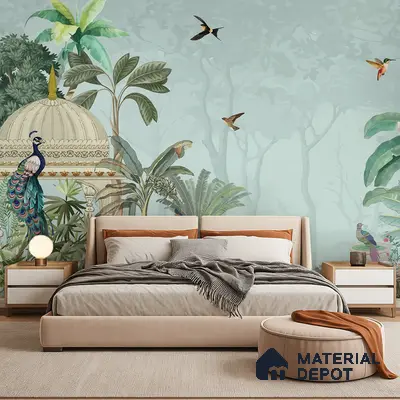 Eclectic bedroom with Indian mural wallpaper and beige upholstered bed in Bengaluru