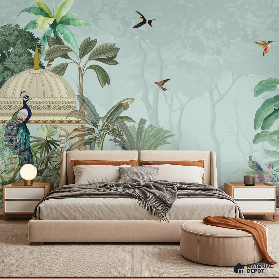 Eclectic bedroom with Indian mural wallpaper and beige upholstered bed in Bengaluru