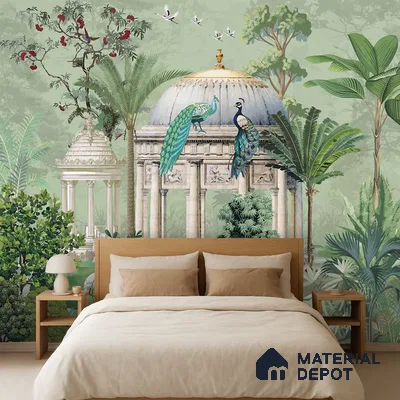 Eclectic bedroom with Indian mural wallpaper and natural wood bed in Bengaluru