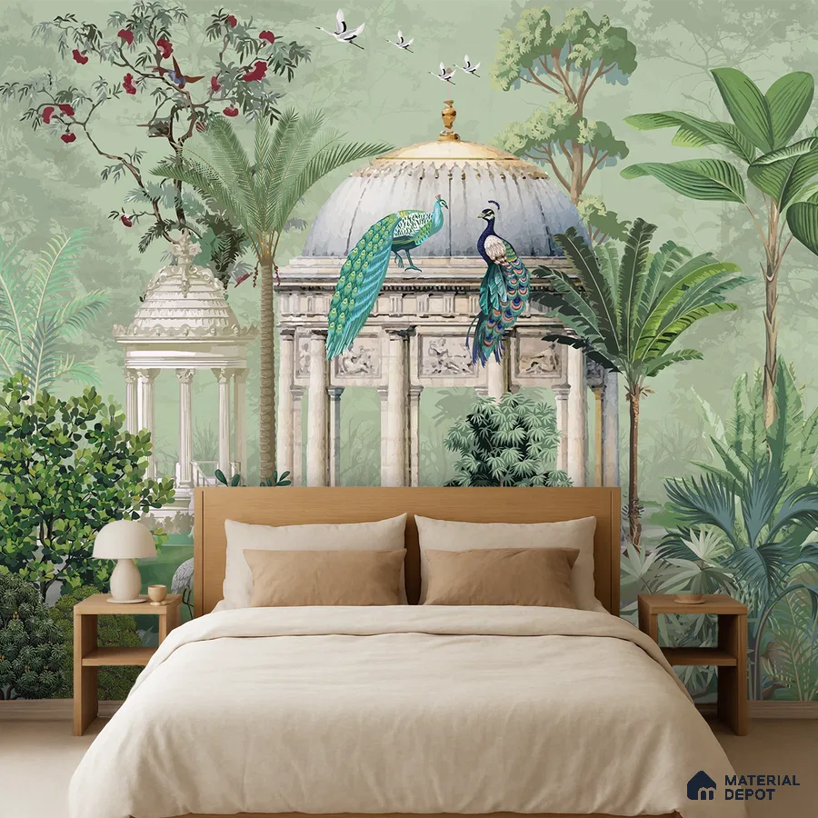 Eclectic bedroom with Indian mural wallpaper and natural wood bed in Bengaluru