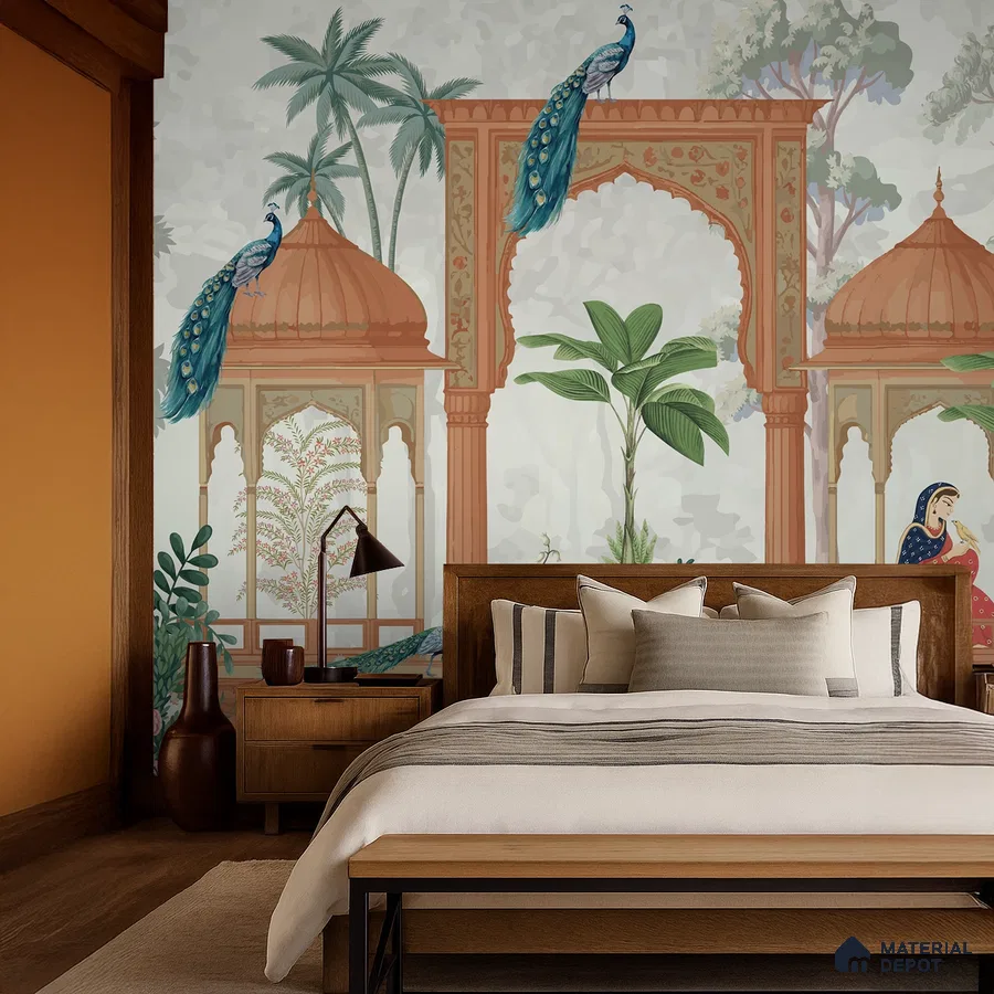 Eclectic bedroom with Indian mural wallpaper and natural wood furniture in Bengaluru