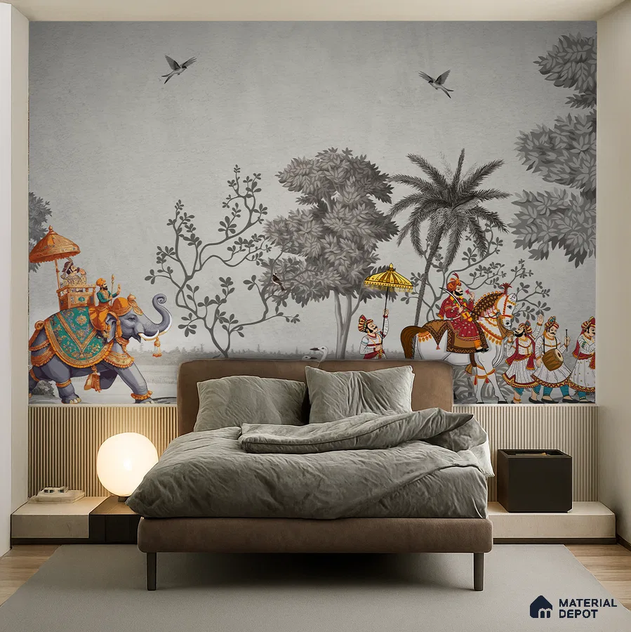 Eclectic bedroom with Indian mural wallpaper and neutral suede upholstered bed in Bengaluru