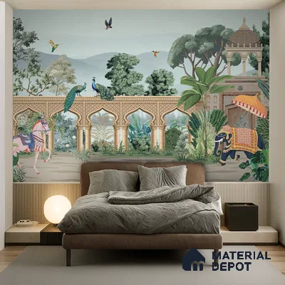 Eclectic bedroom with Indian mural wallpaper and suede upholstered bed in Bengaluru
