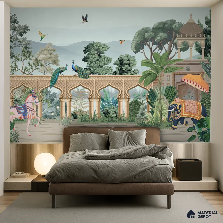 Eclectic bedroom with Indian mural wallpaper and suede upholstered bed in Bengaluru