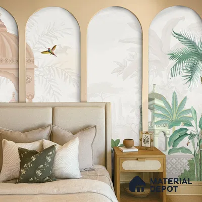 Eclectic bedroom with Indian mural wallpaper, beige upholstered bed, and natural wood nightstand in Bengaluru