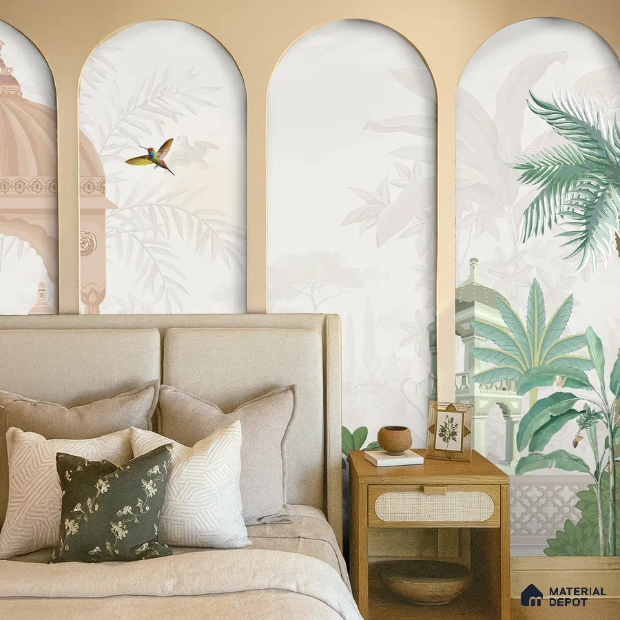 Eclectic bedroom with Indian mural wallpaper, beige upholstered bed, and natural wood nightstand in Bengaluru