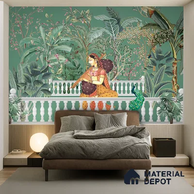 Eclectic bedroom with Indian mural wallpaper, fluted wood panels, and upholstered bed in Bengaluru
