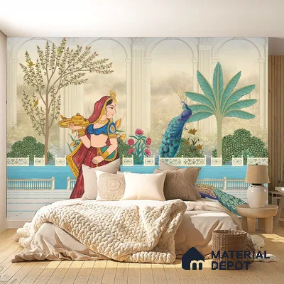 Eclectic bedroom with Indian mural wallpaper, natural wood flooring, and beige textiles in Bengaluru