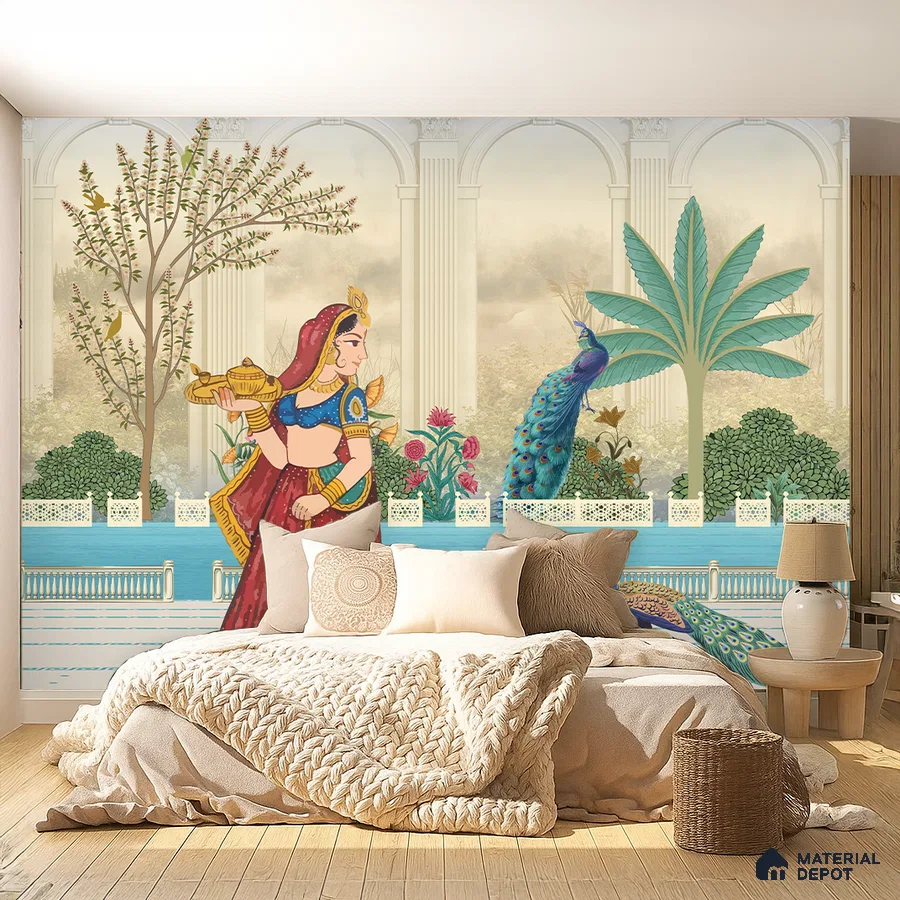 Eclectic bedroom with Indian mural wallpaper, natural wood flooring, and beige textiles in Bengaluru