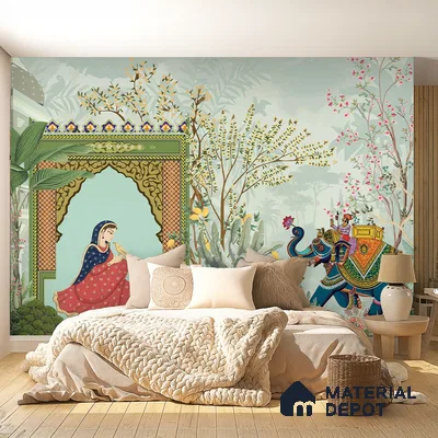 Eclectic bedroom with Indian mural wallpaper, natural wood flooring, and cozy beige bedding in Bengaluru