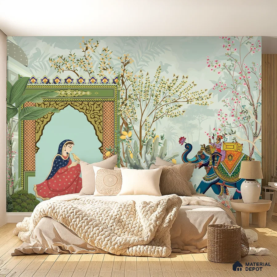 Eclectic bedroom with Indian mural wallpaper, natural wood flooring, and cozy beige bedding in Bengaluru