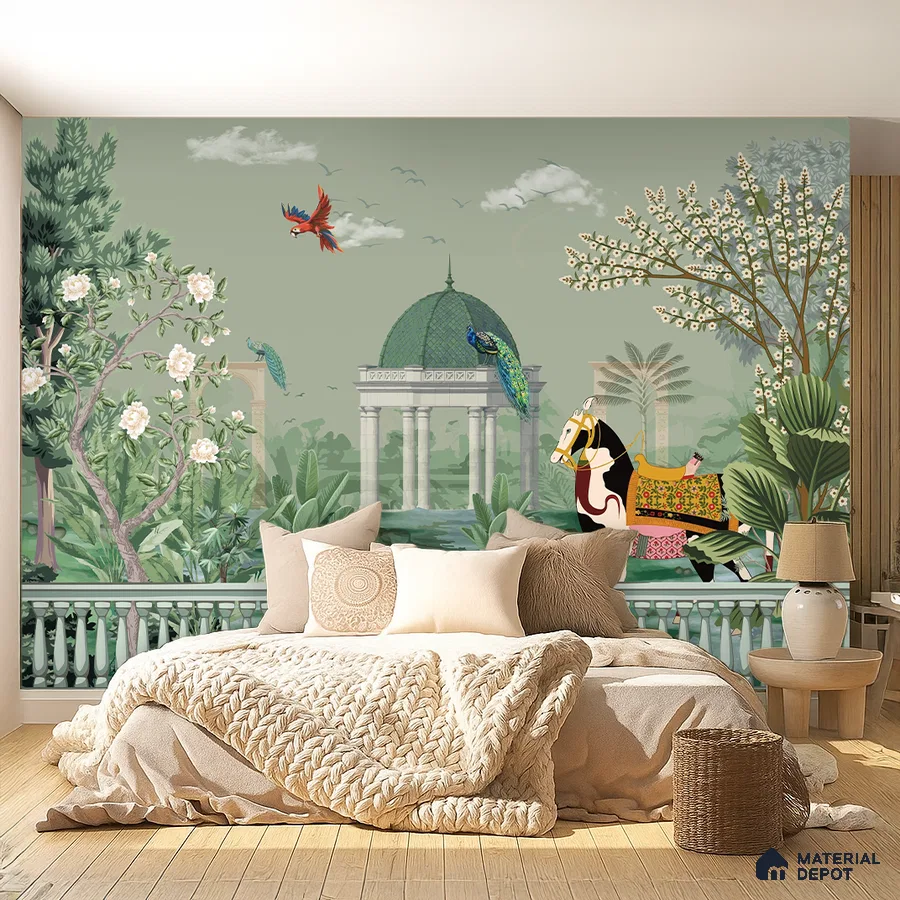 Eclectic bedroom with Indian mural wallpaper, natural wood flooring, and neutral bedding in Bengaluru