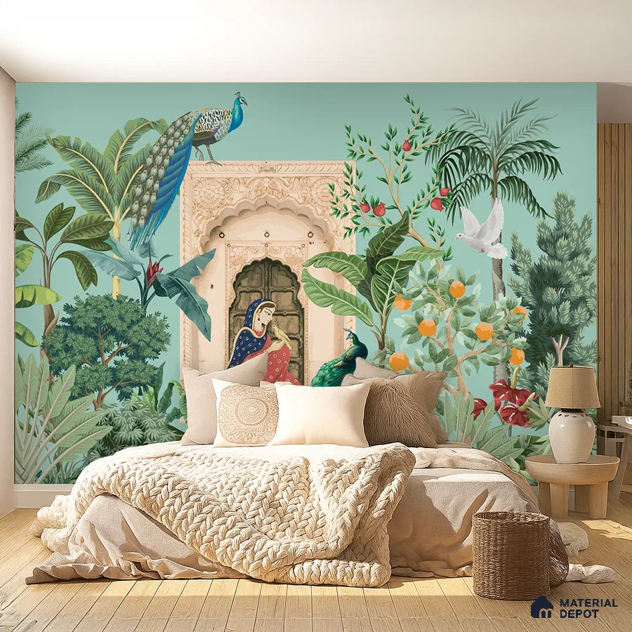 Eclectic bedroom with Indian mural wallpaper, natural wood flooring, and neutral bedding in Bengaluru