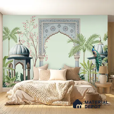 Eclectic bedroom with Indian mural wallpaper, natural wood flooring, and neutral textiles in Bengaluru