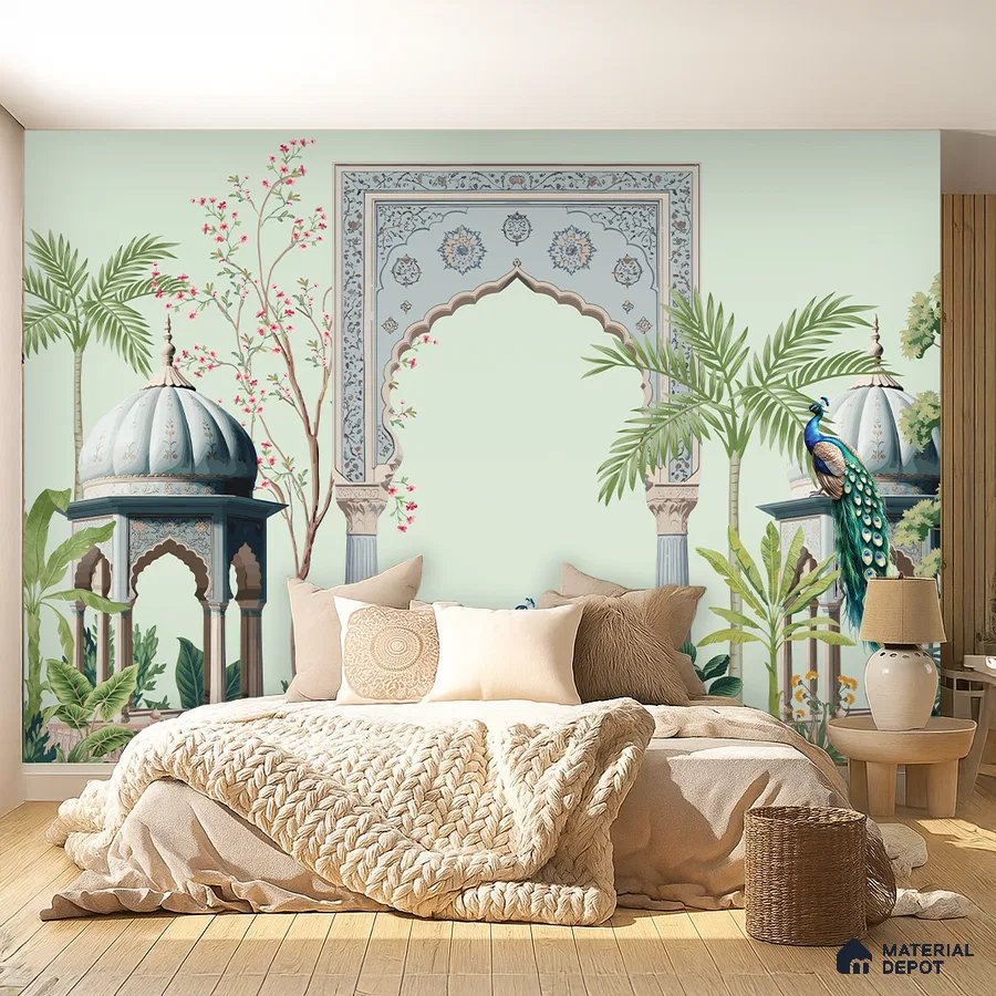 Eclectic bedroom with Indian mural wallpaper, natural wood flooring, and neutral textiles in Bengaluru