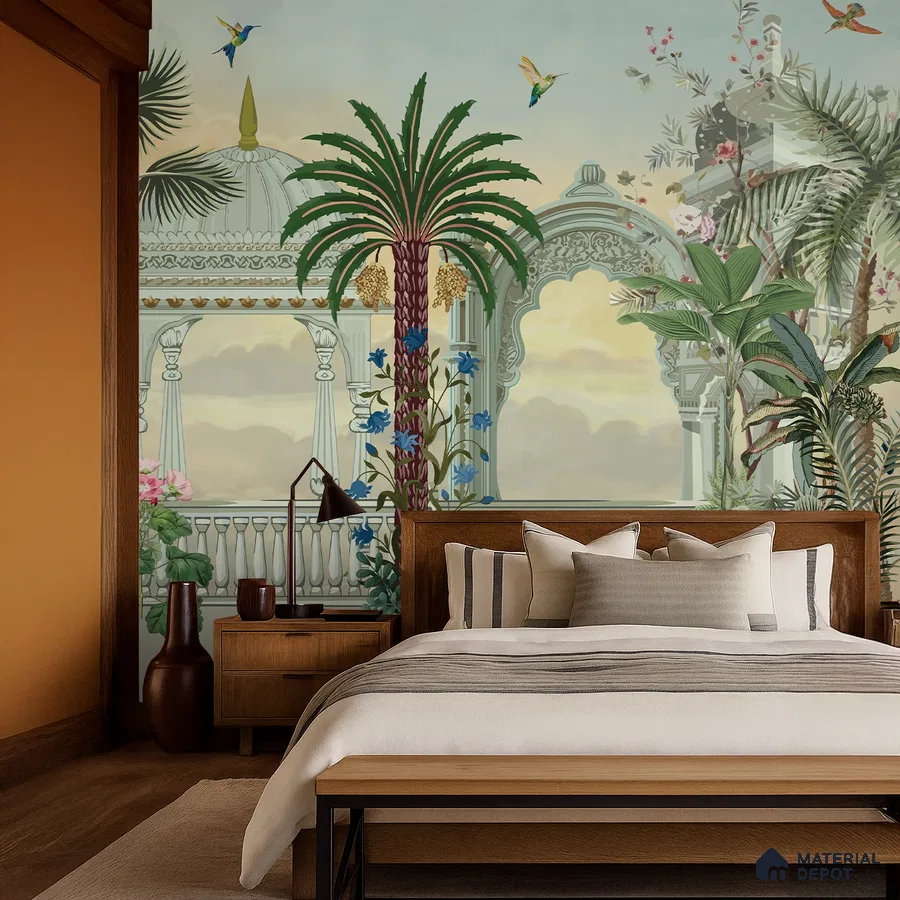 Eclectic bedroom with Indian mural wallpaper, natural wood furniture, and warm beige palette in Bengaluru