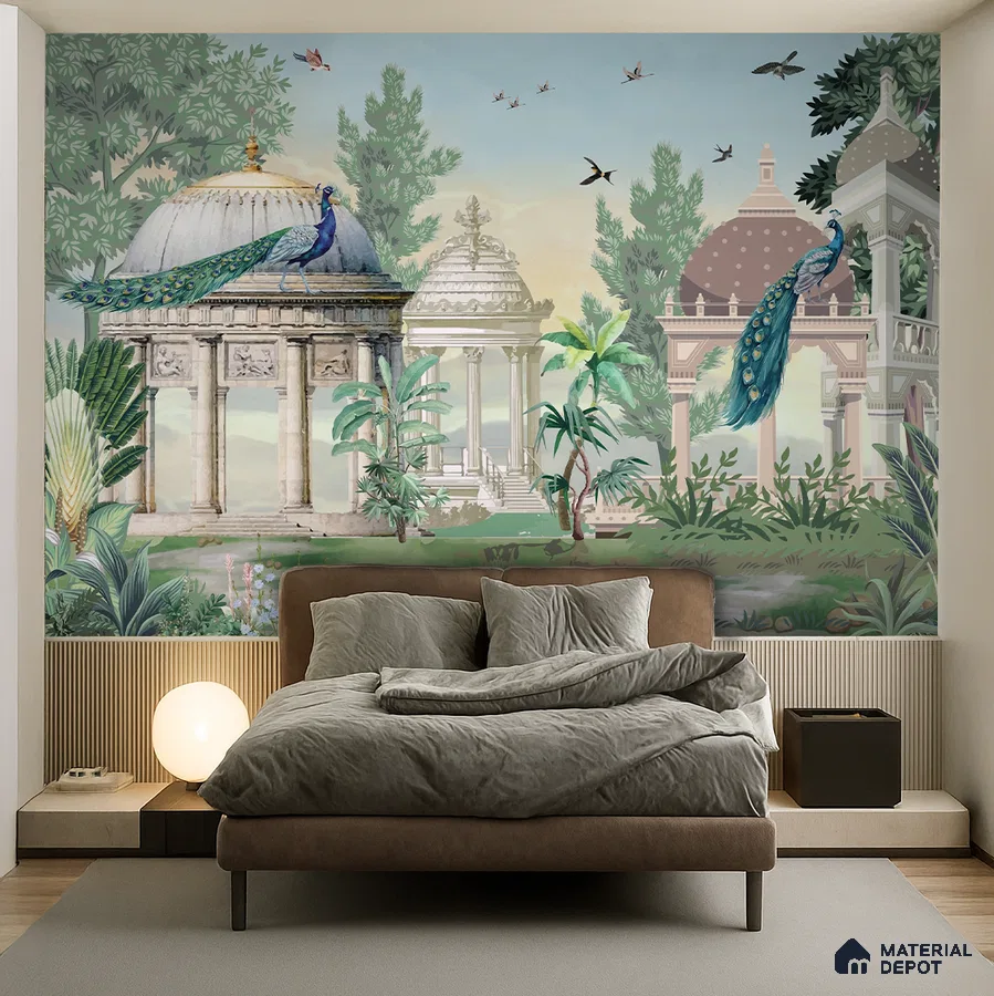 Eclectic bedroom with Indian mural wallpaper, suede upholstered bed, and fluted wood panels in Bengaluru