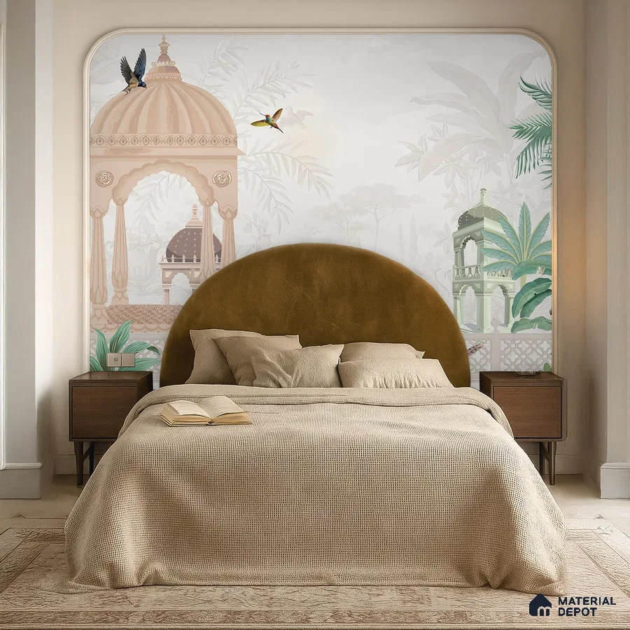 Eclectic bedroom with Indian mural wallpaper, suede upholstered bed, and natural wood nightstands in Bengaluru