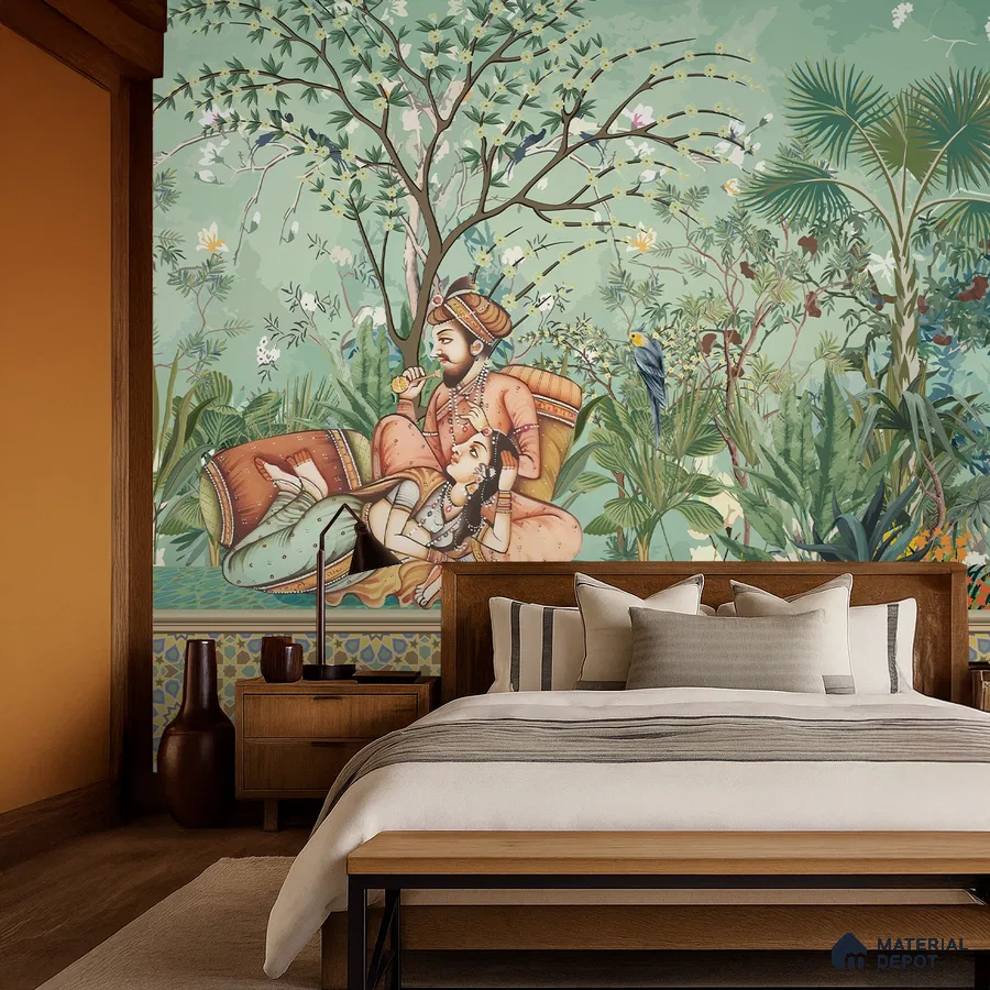 Eclectic bedroom with Indian mural wallpaper, warm wood furniture, and earthy orange wall paint in Bengaluru