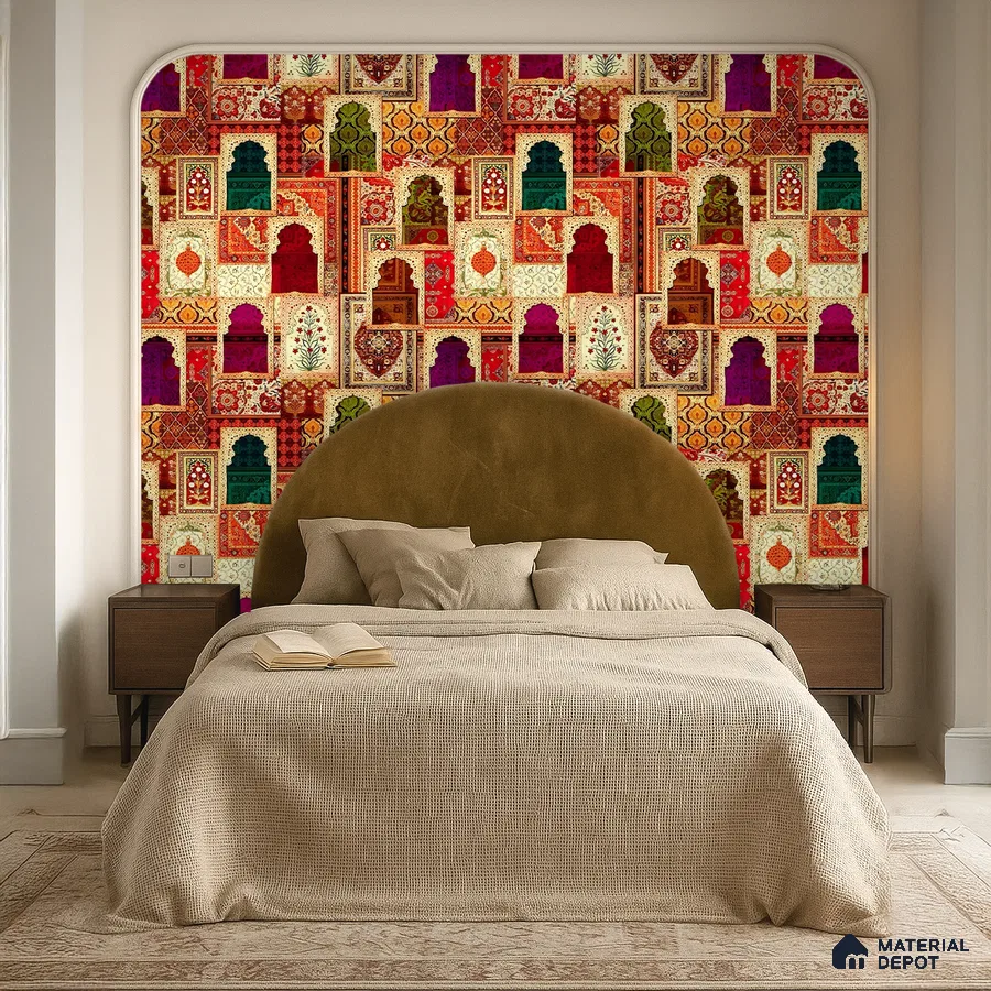 Eclectic bedroom with Indian patterned wallpaper and suede upholstered bed in Bengaluru