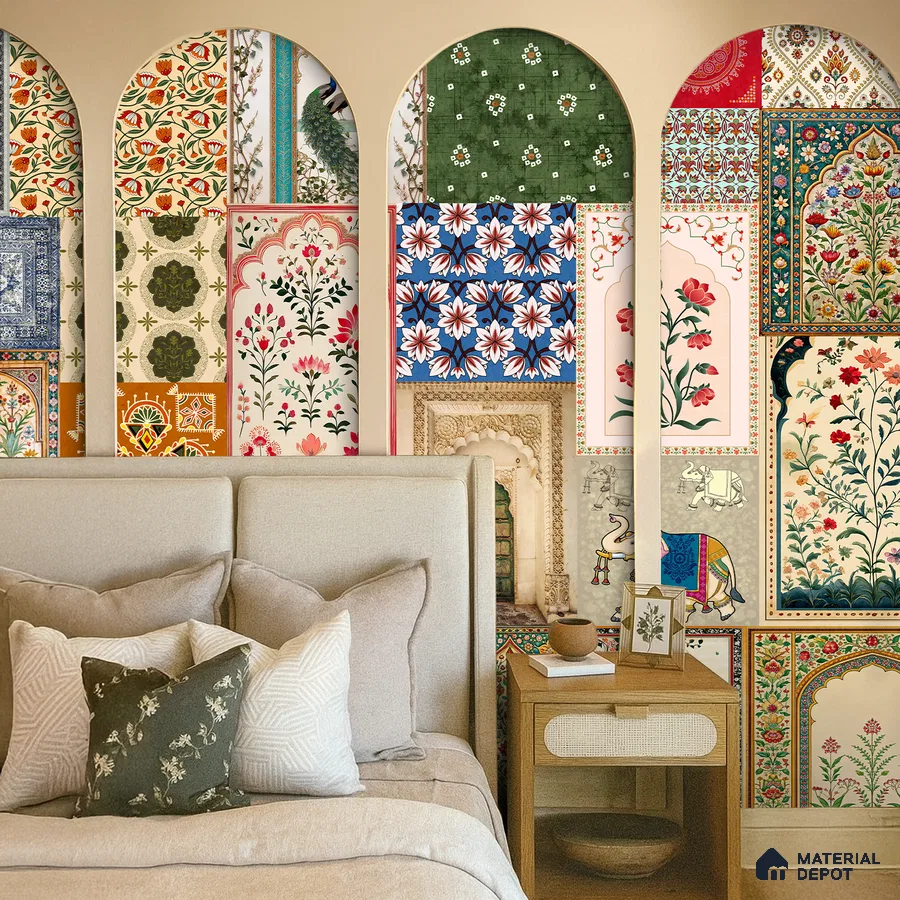 Eclectic bedroom with Indian patterned wallpaper and upholstered bed in Bengaluru