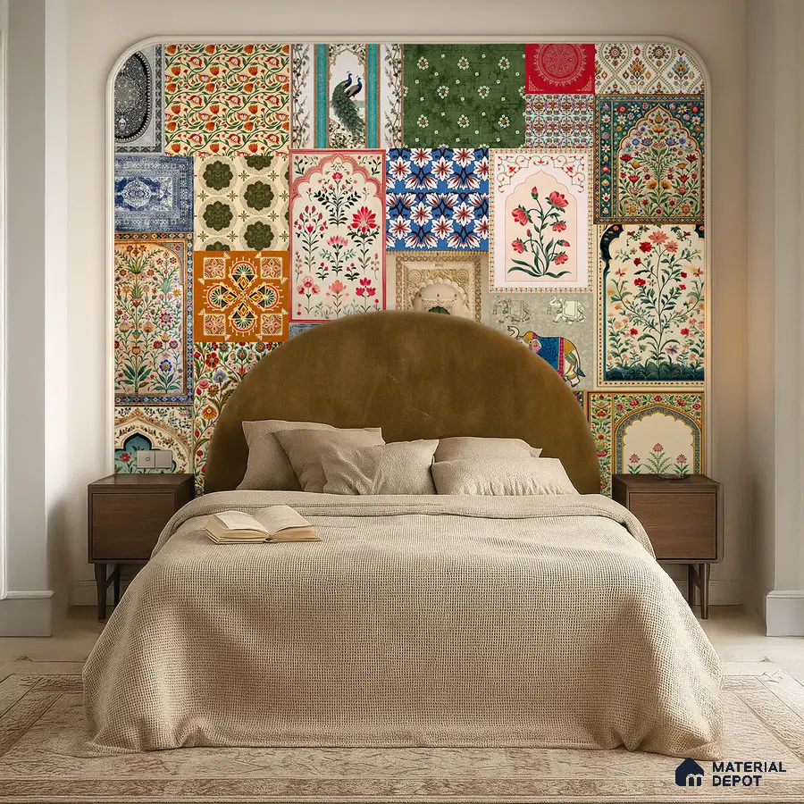 Eclectic bedroom with Indian patterned wallpaper and velvet upholstered headboard in Bengaluru