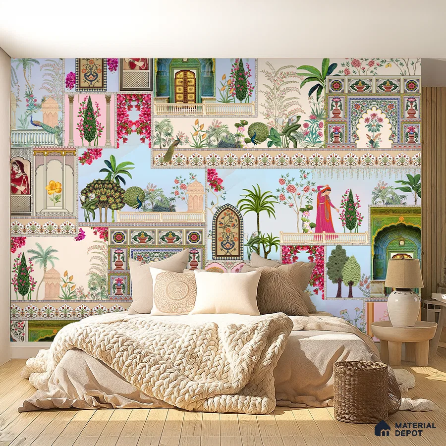 Eclectic bedroom with Indian patterned wallpaper, natural wood flooring, and neutral bedding in Bengaluru