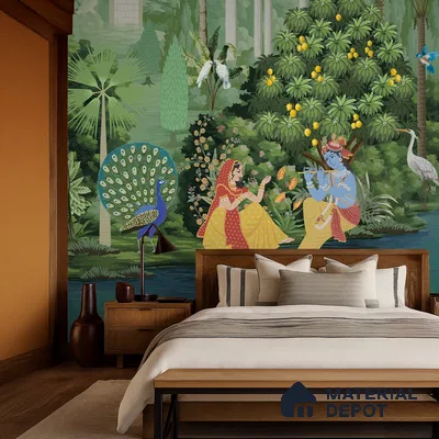 Eclectic bedroom with Indian Pichwai wallpaper and natural wood furniture in Bengaluru