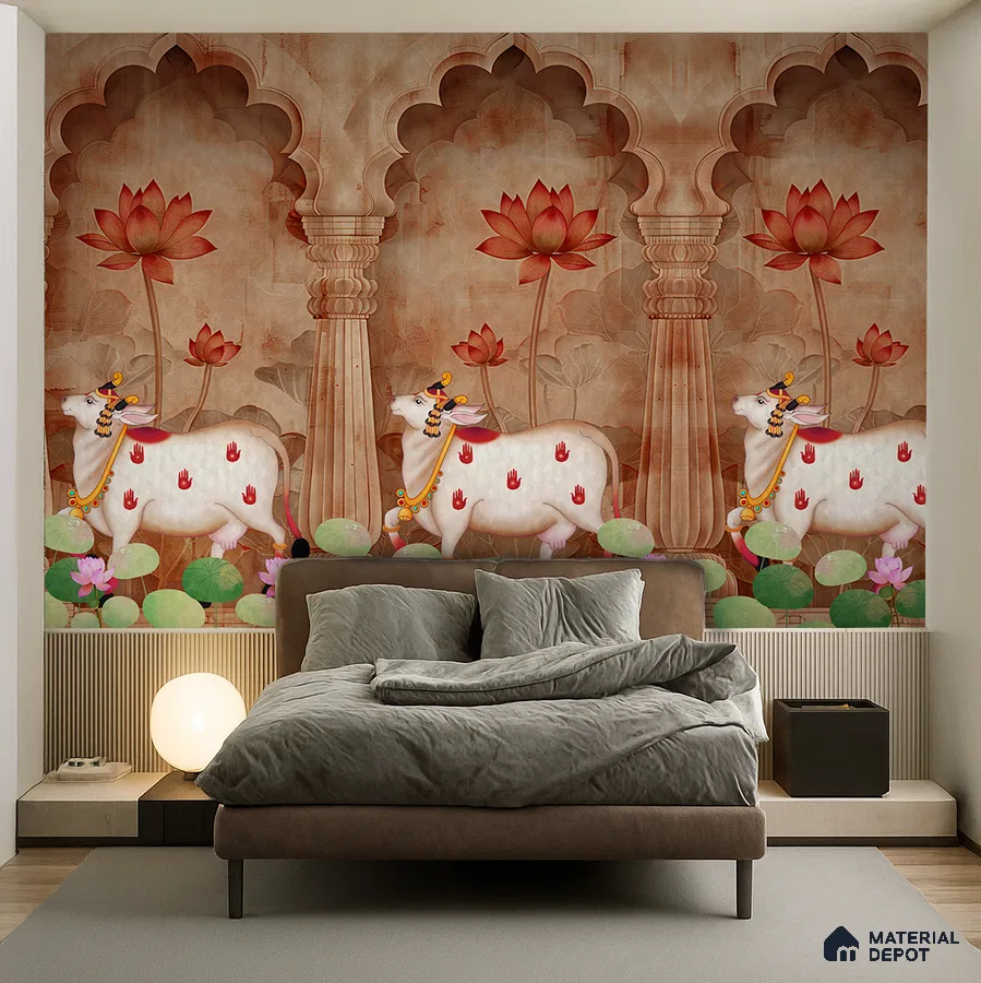 Eclectic bedroom with Indian pichwai wallpaper and neutral suede upholstered bed in Bengaluru