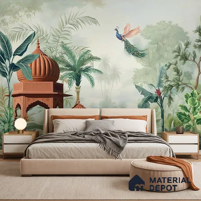 Eclectic bedroom with Indian tropical mural wallpaper and beige upholstered bed in Bengaluru