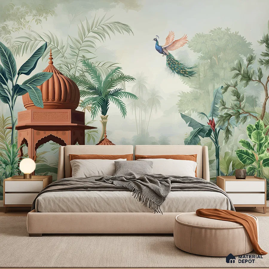 Eclectic bedroom with Indian tropical mural wallpaper and beige upholstered bed in Bengaluru