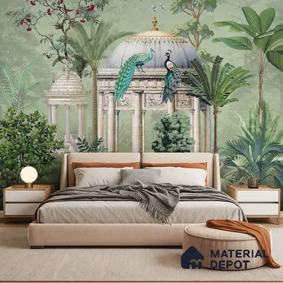 Eclectic bedroom with Indian tropical mural wallpaper and beige upholstered bed in Bengaluru