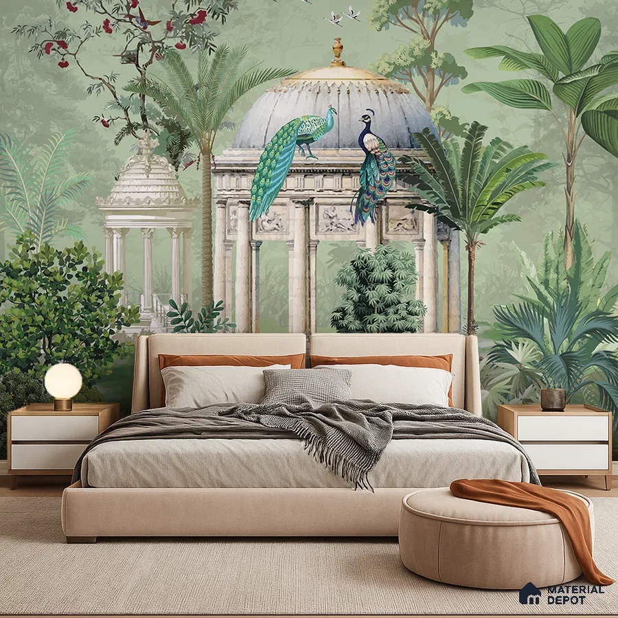 Eclectic bedroom with Indian tropical mural wallpaper and beige upholstered bed in Bengaluru