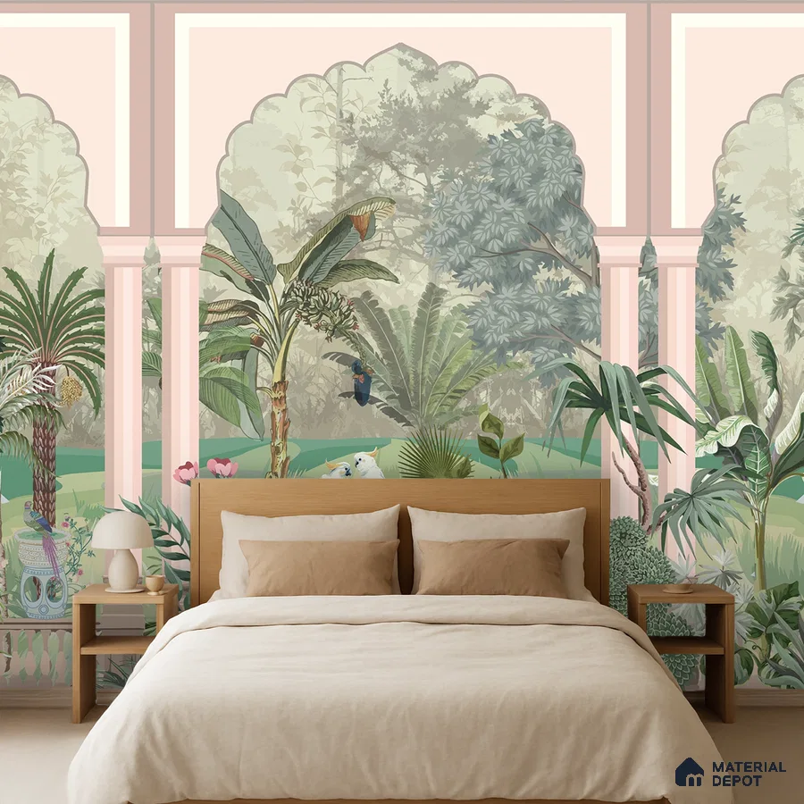 Eclectic bedroom with Indian tropical mural wallpaper and natural wood bed in Bengaluru
