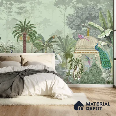 Eclectic bedroom with Indian tropical wallpaper and light oak wooden flooring in Bengaluru