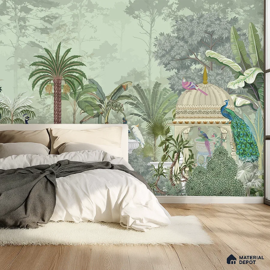 Eclectic bedroom with Indian tropical wallpaper and light oak wooden flooring in Bengaluru