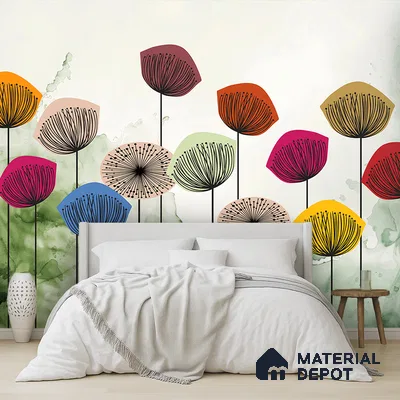 Eclectic bedroom with multicolor floral patterned wallpaper and light wood flooring in Bengaluru