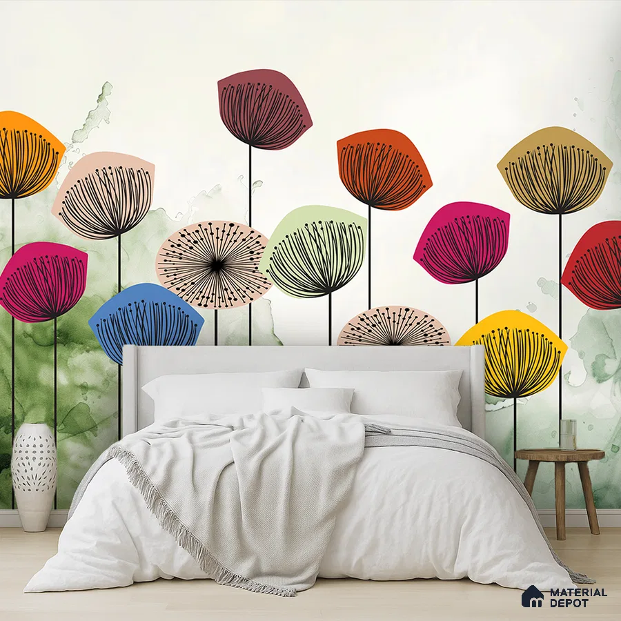 Eclectic bedroom with multicolor floral patterned wallpaper and light wood flooring in Bengaluru