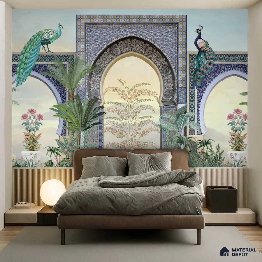 Eclectic bedroom with peacock and archway mural wallpaper and suede upholstered bed in Bengaluru